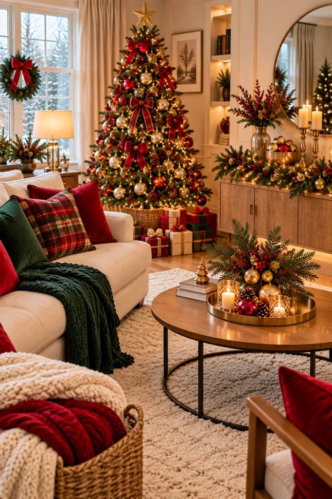 Budget-friendly Christmas living room with repurposed red and gold ornaments, green garlands, affordable festive cushions, a decorated tree, and cozy neutral furniture.