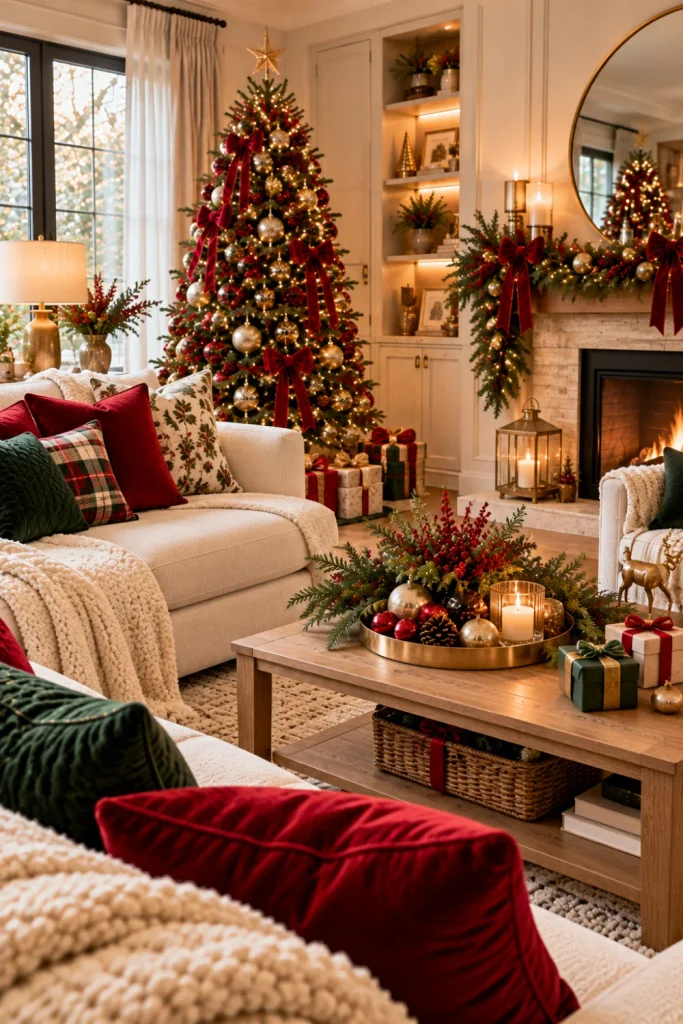 Budget-friendly red, gold and green Christmas living room decor with affordable velvet cushions, a decorated green tree, a DIY evergreen garland, repurposed gold accessories, and neutral modern furniture.