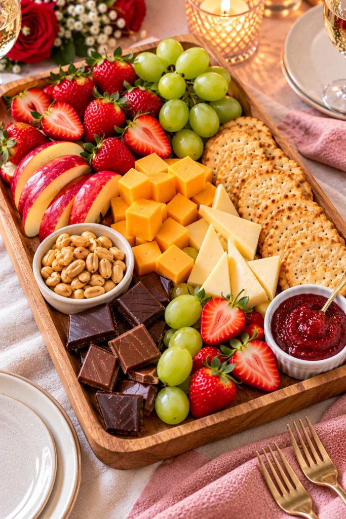 Budget-friendly romantic charcuterie board with cheddar cheese cubes, seasonal fresh fruit, crispy crackers, roasted peanuts, chocolate squares, and fruit jam for an affordable date night.