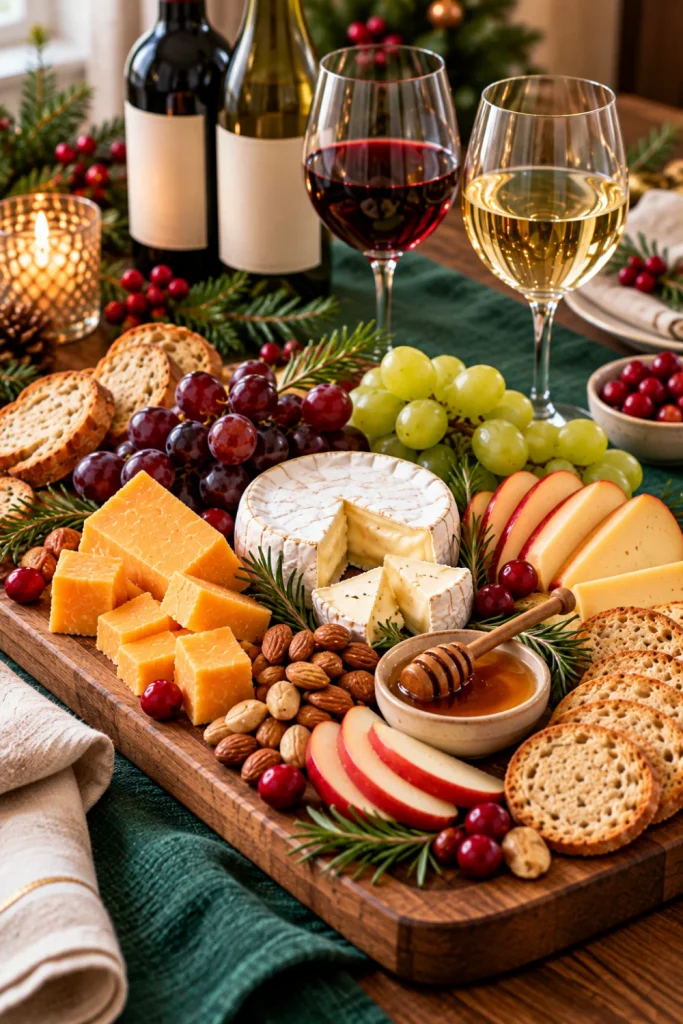 Budget-friendly wine and cheese tasting board with Brie, aged cheddar, Gouda, grapes, apples, crackers, honey, and red and white wine for an affordable Christmas party at home.