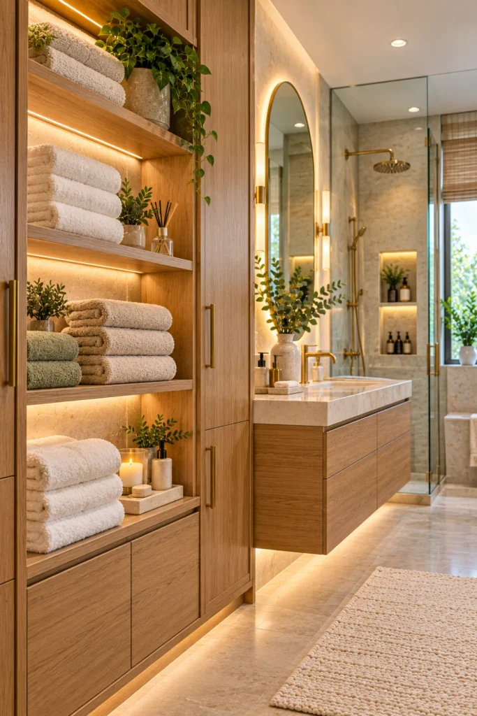 Built-in bathroom towel cabinets and open niches with neatly folded white and beige towels, warm oak cabinetry, illuminated recessed shelves, elegant marble walls, and modern luxury bathroom decor.