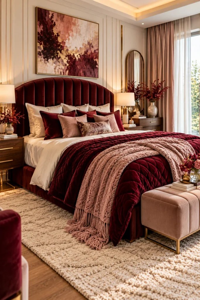 Burgundy and blush bedroom ideas with rich wine-red velvet bedding, soft blush pillows, an upholstered statement headboard, elegant brass bedside lamps, and warm luxurious decor.