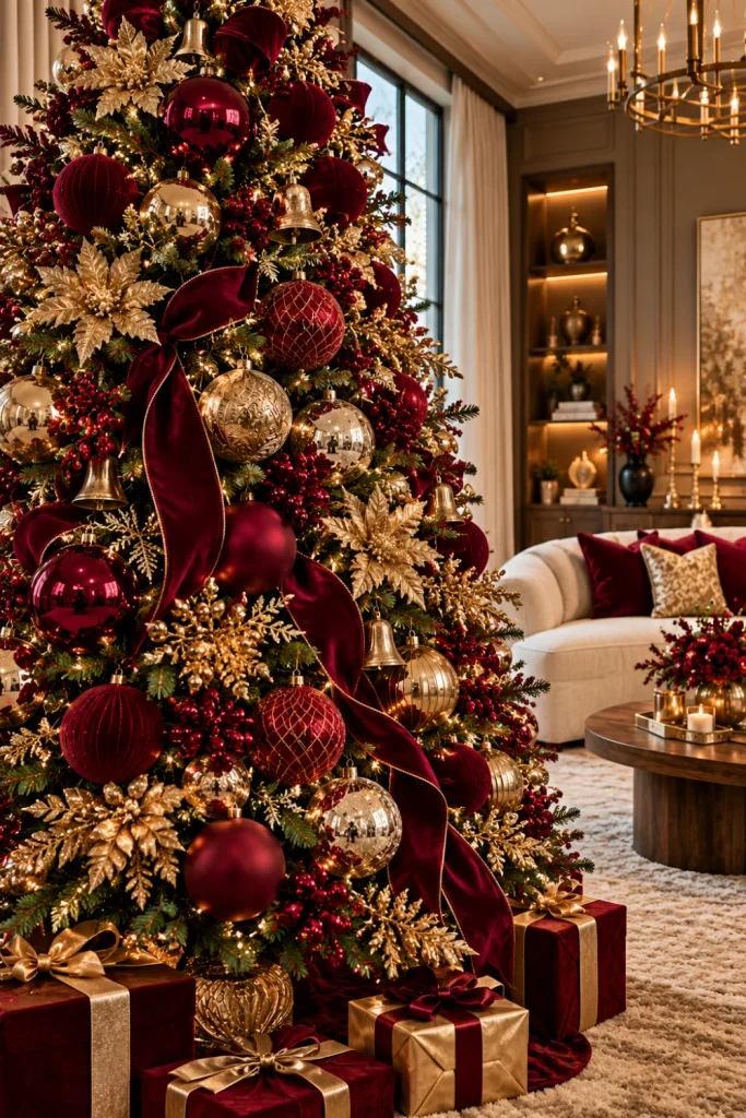 Burgundy and gold Christmas tree ideas featuring deep wine-red velvet ornaments, antique gold baubles, champagne accents, warm LED lights, a cream boucle sofa, walnut furniture, and sophisticated contemporary holiday decor.