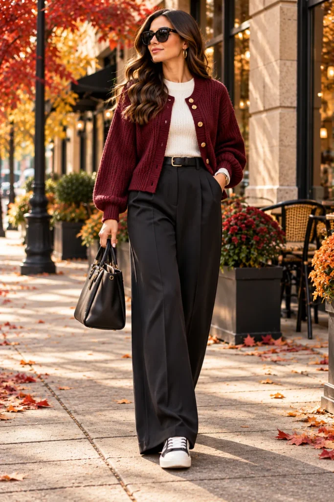 Burgundy knit cardigan layered over an ivory top with black wide-leg trousers and black-and-white sneakers for a polished fall outfit.
