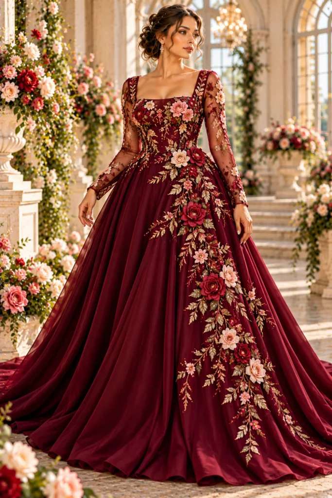 Burgundy long-sleeve floral embroidered formal gown with sheer lace sleeves, gold botanical stitching, and delicate rose details.