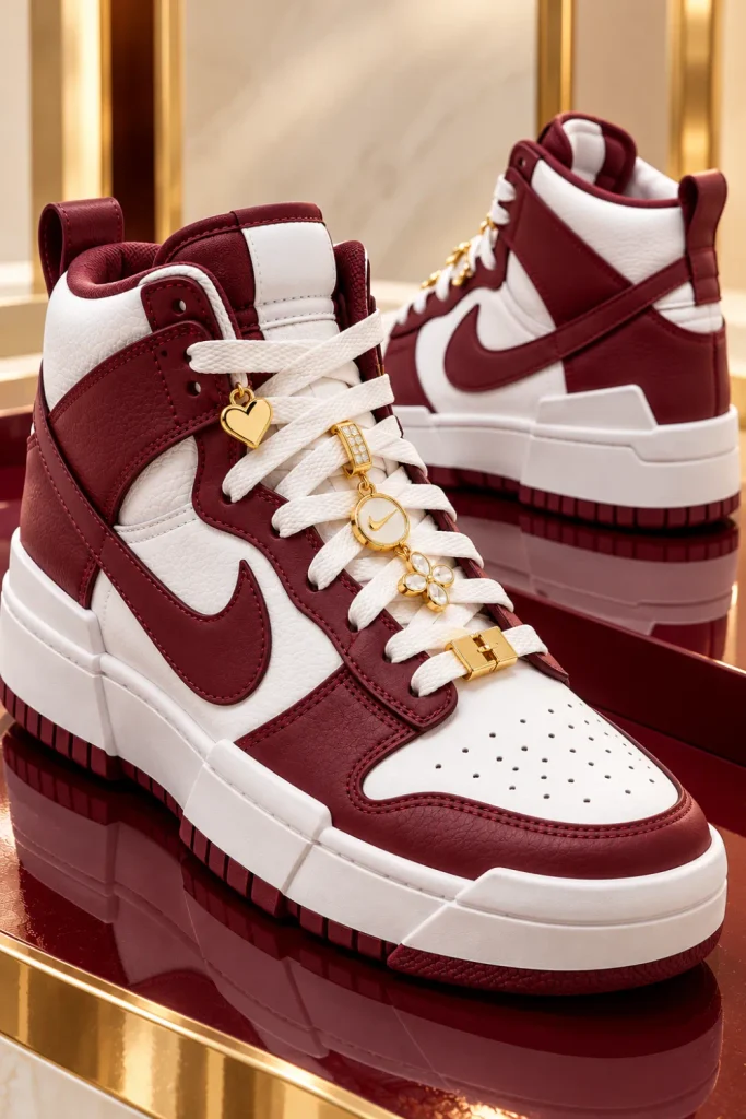 Burgundy and white Nike Dunk High Disrupt sneakers featuring polished gold lace charms, deep wine-red overlays, crisp white panels, and a chunky contemporary silhouette.