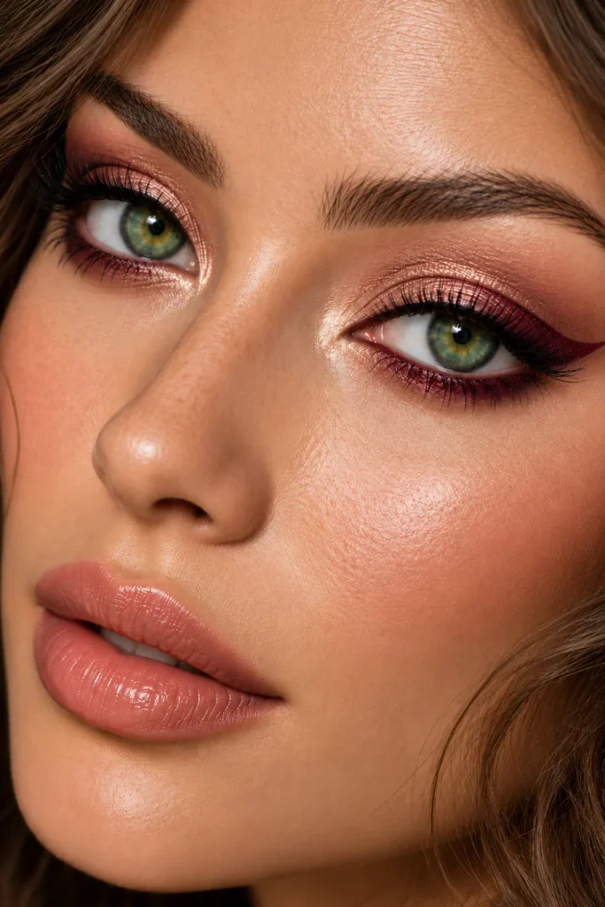 Burgundy winged eyeliner for green eyes featuring berry-toned definition, neutral taupe eyeshadow, softly highlighted lids, and naturally defined lashes in a modern colorful makeup look.
