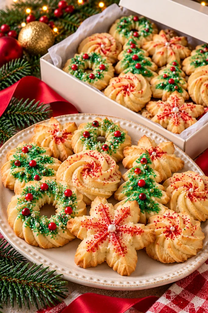 Buttery Christmas spritz cookies shaped like stars, wreaths, and festive swirls, decorated with red and green sprinkles and arranged in a modern holiday cookie gift box.