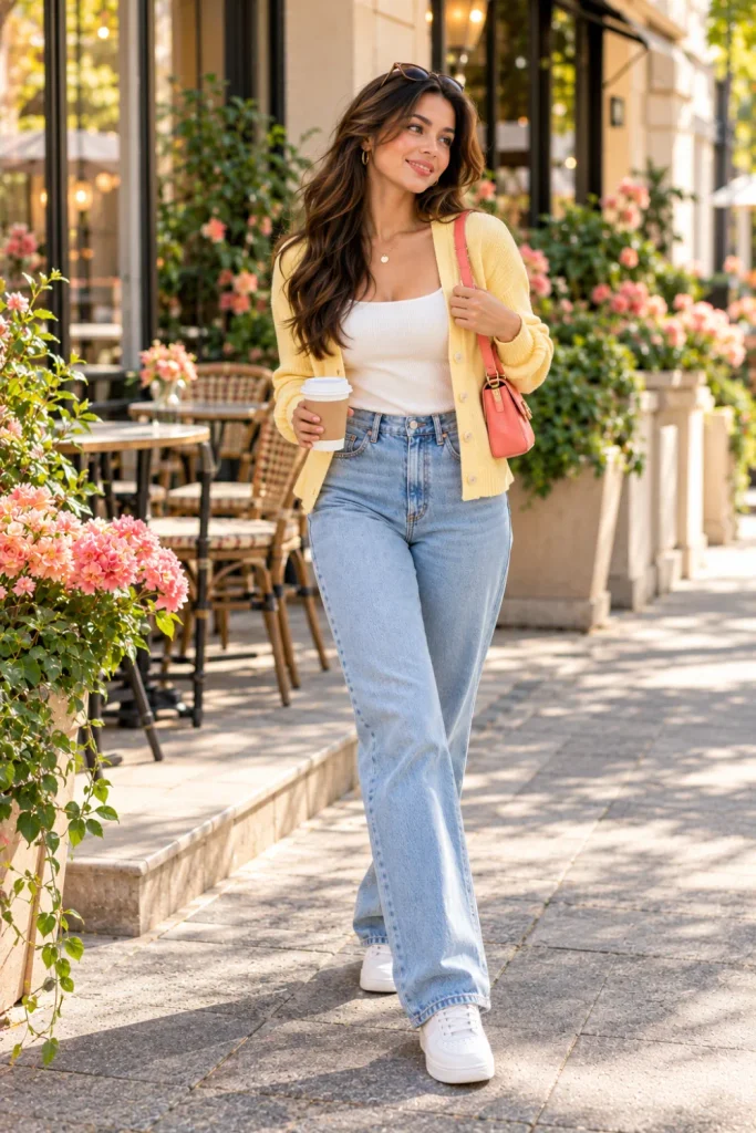 Candid and natural photo pose of a stylish woman walking beside a modern café, holding a coffee cup and wearing a sunny yellow cardigan with blue jeans.