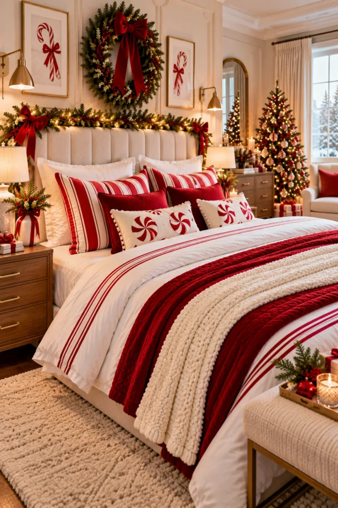 Cozy Christmas bedroom decor ideas for a festive retreat with a statement upholstered headboard, candy cane striped pillows, layered white bedding, a cranberry-red throw, festive evergreen garland, and sophisticated holiday bedroom accessories.