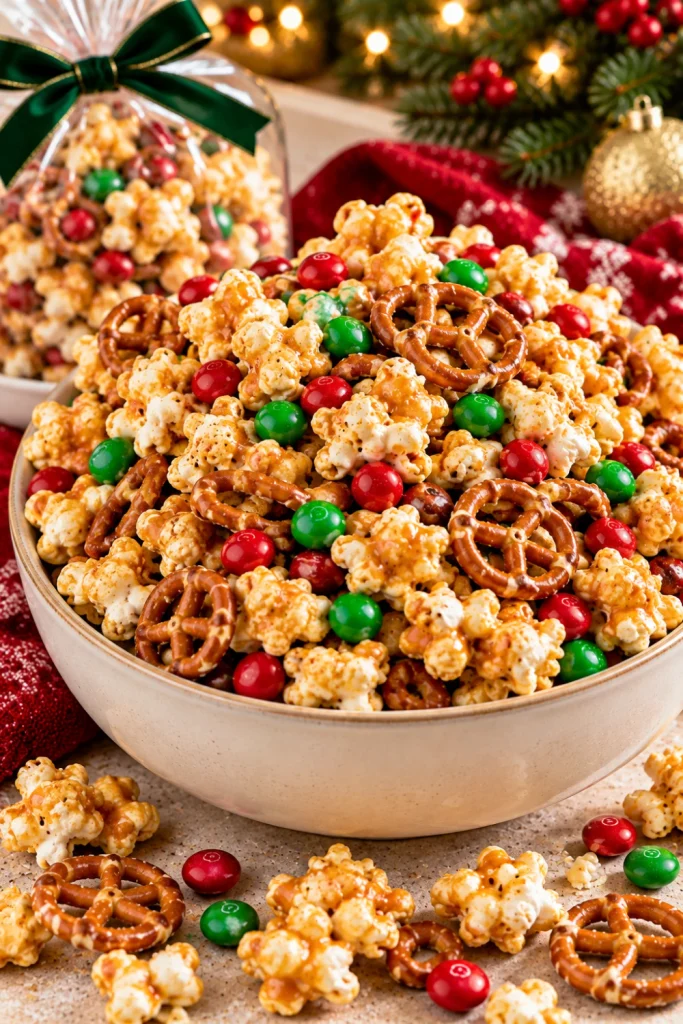 Caramel popcorn Christmas snack mix with golden caramel-coated popcorn, crunchy mini pretzels, red and green candy-coated chocolates, and festive sprinkles for easy holiday parties, movie nights, and gift bags.