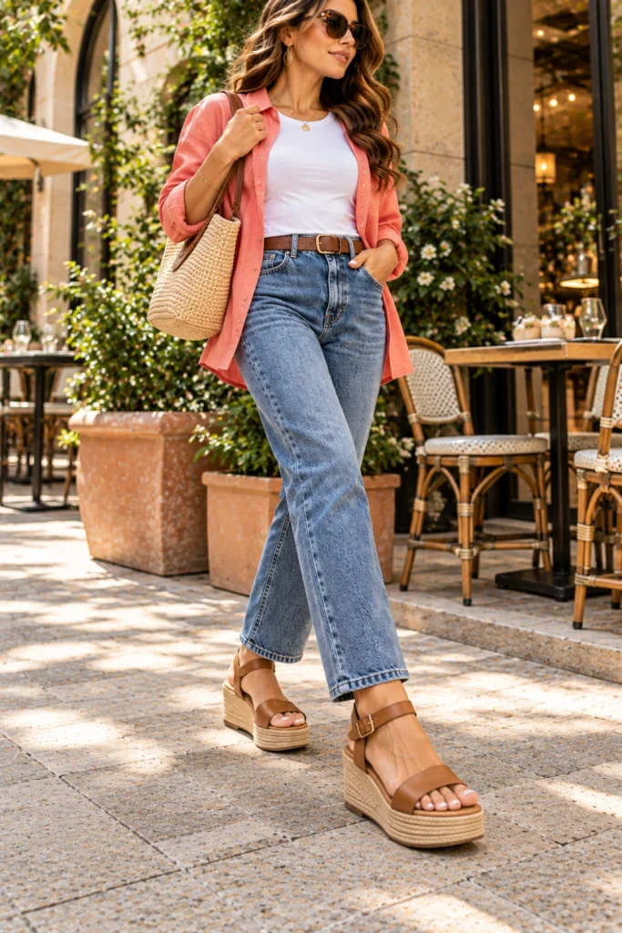 Casual tan platform sandals styled with relaxed blue jeans, a white cotton T-shirt, and a pastel coral shirt for a chic weekend outfit.
