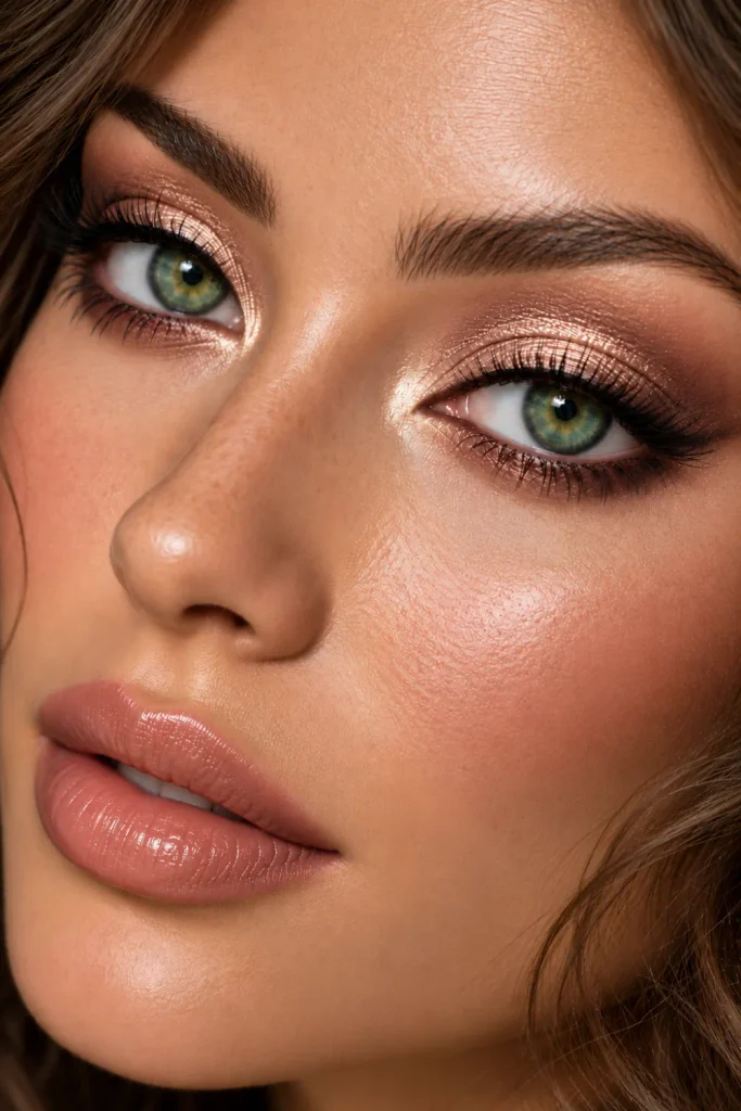 Champagne and taupe eye makeup for green eyes featuring luminous champagne inner-corner shimmer, blended taupe eyeshadow, delicate brown eyeliner, and naturally curled lashes for elegant soft glam.