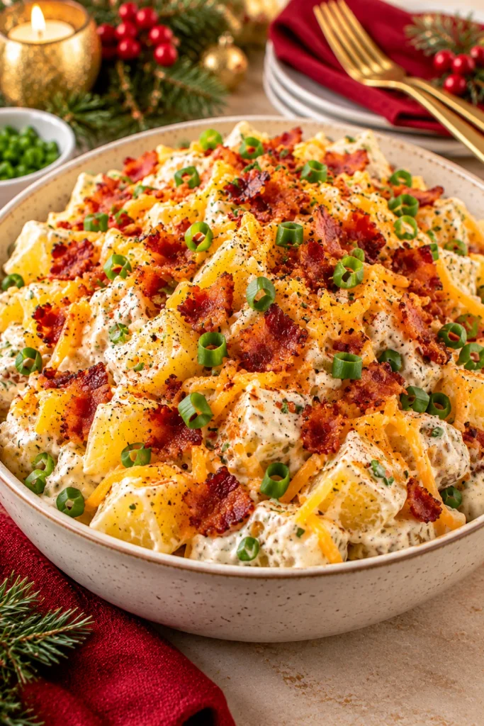 Cheesy loaded potato salad made with tender Yukon Gold potatoes, sharp cheddar, crispy bacon, creamy sour cream dressing, green onions, and smoked paprika.