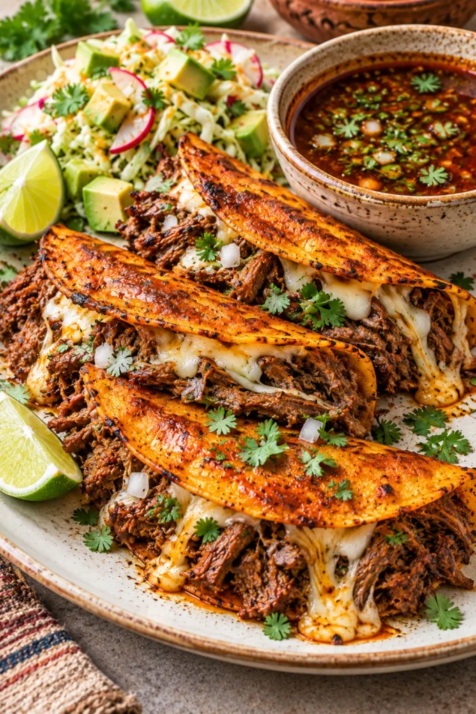 Crispy cheesy quesabirria tacos filled with tender shredded beef, melted cheese, fresh onion and cilantro served with consommé for dipping.