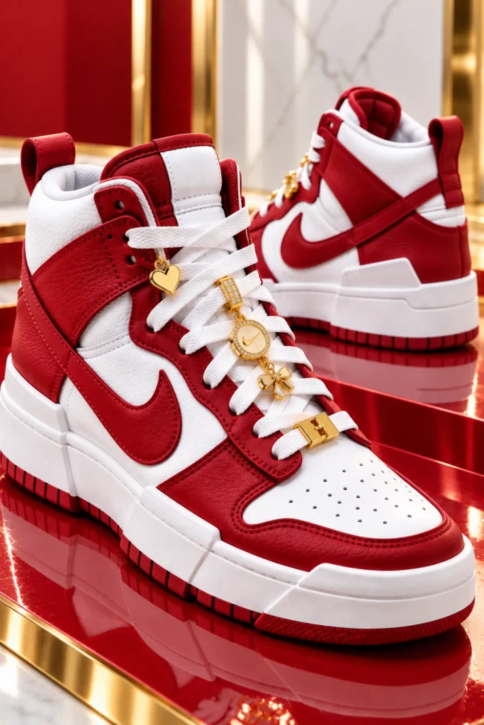 Cherry red and white Nike Dunk High Disrupt sneakers with gold lace charms, vivid red leather overlays, clean white panels, and chunky soles in a bold streetwear design.