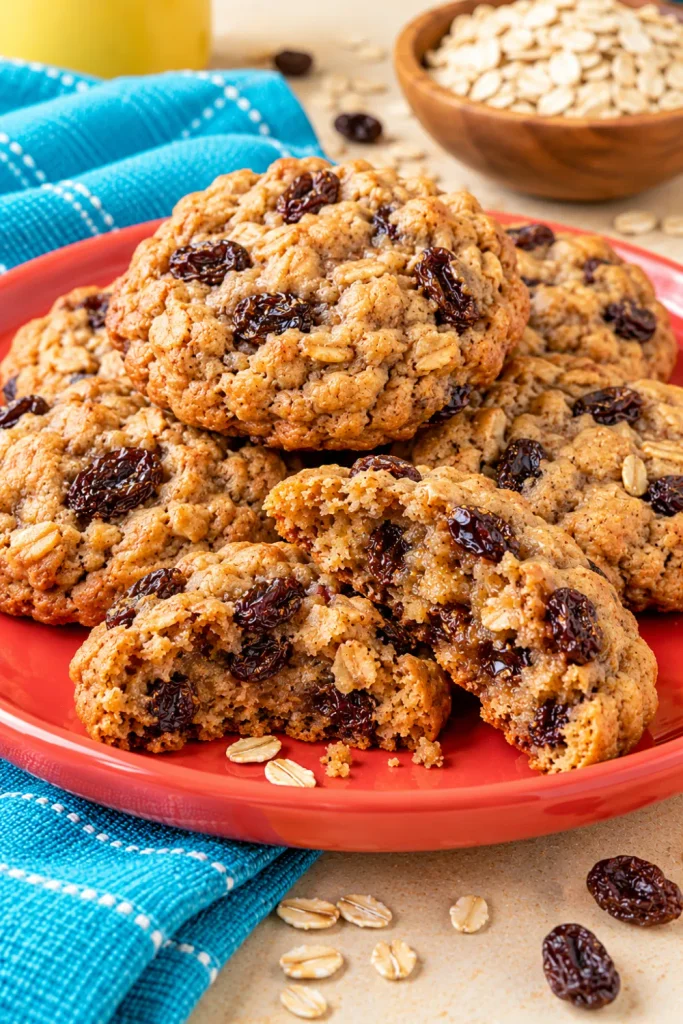 Chewy oatmeal raisin cookies made with rolled oats, plump raisins, and warm cinnamon, featuring golden edges and soft homemade centers.