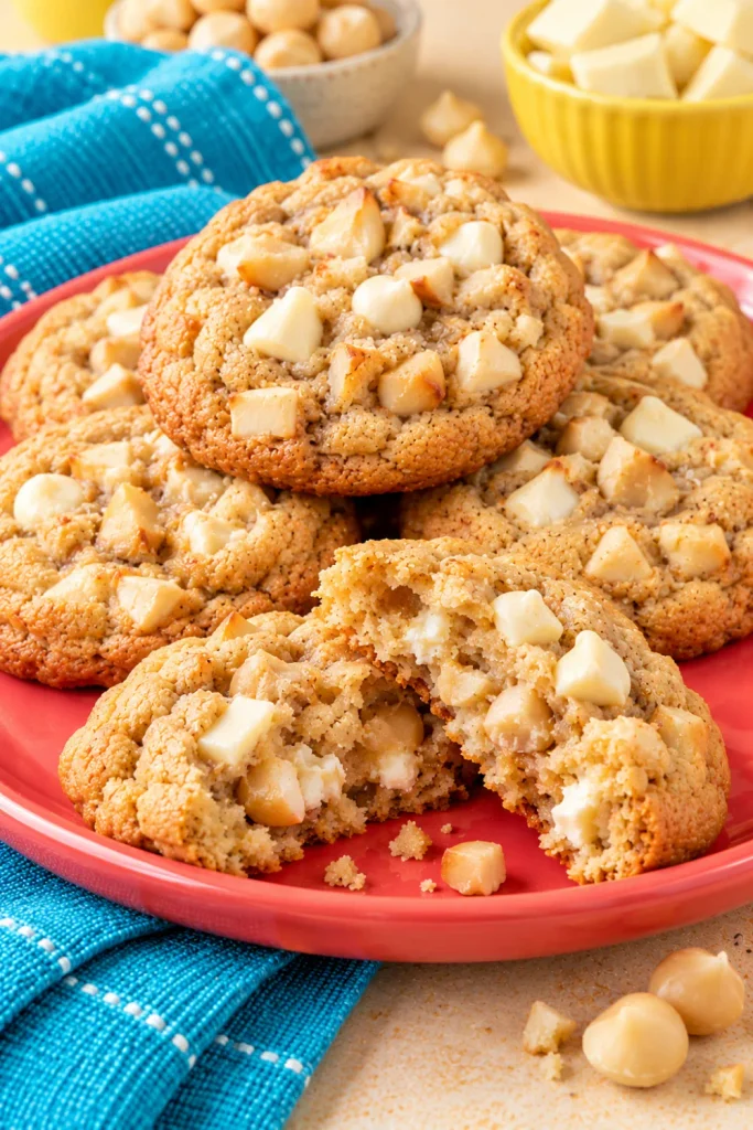 Chewy white chocolate macadamia nut cookies with creamy white chocolate chunks, buttery toasted macadamia nuts, and soft golden centers.