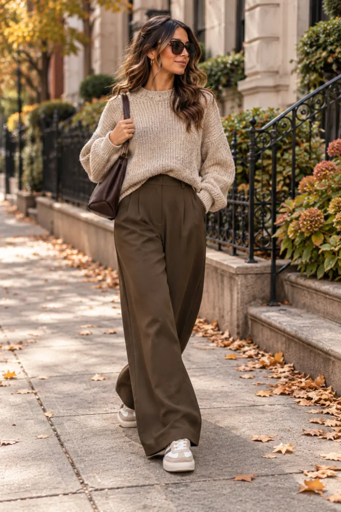 Chic cozy knit wide-leg pants and sneaker fall looks featuring relaxed knitwear, stylish wide-leg trousers, neutral-toned sneakers, and effortless autumn outfit combinations for women.
