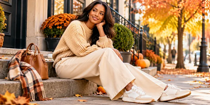 Stylish woman wearing a chunky beige knit sweater, cream wide-leg trousers, and white sneakers for a chic, cozy fall outfit surrounded by golden autumn foliage.