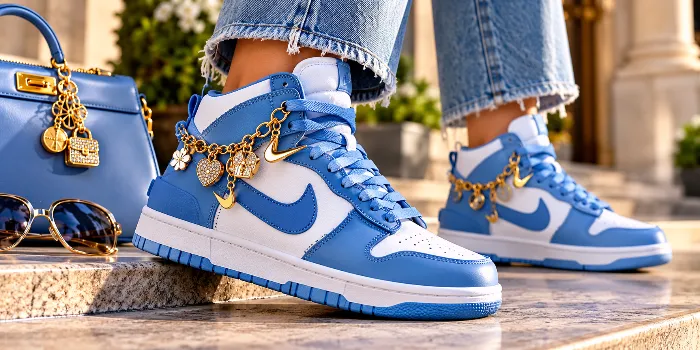 Blue and white Nike Dunk High Disrupt sneakers styled with elegant gold charms, light-wash denim jeans, and a matching blue handbag for a chic, luxurious streetwear look.