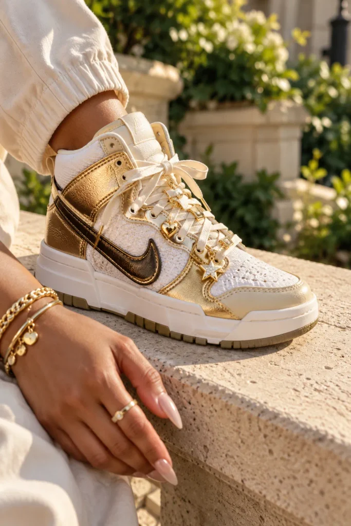 A pair of stylish Nike Dunk High Disrupt sneakers decorated with gold charms, featuring a fashionable high-top silhouette, layered gold accents, and a chic streetwear-inspired look.