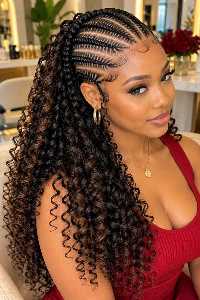 Chic stitch cornrows with crisp narrow scalp sections and soft curly ends, shown in an elegant close-up portrait with glossy dark hair, precise parting, refined styling, and realistic natural lighting.
