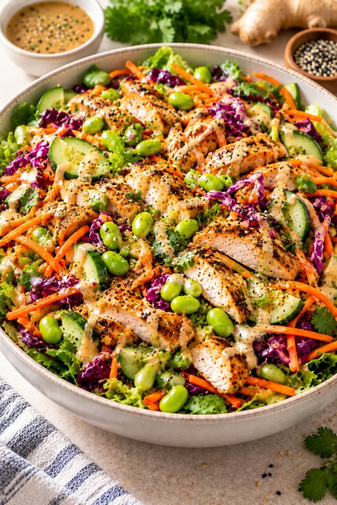 Chicken edamame crunch salad with sliced grilled chicken, shelled edamame, mixed greens, shredded cabbage, carrots, cucumber, and sesame-ginger dressing.
