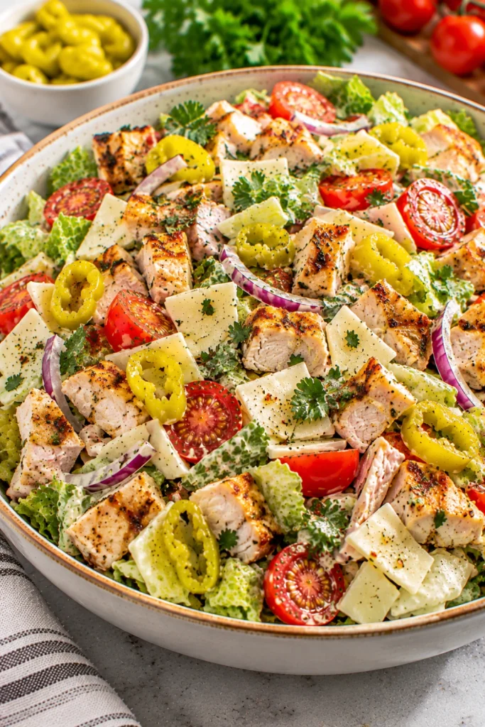 Chicken Italian Grinder Chopped Salad With Creamy Dressing featuring tender cooked chicken, crisp lettuce, provolone, cherry tomatoes, red onion, pepperoncini, and creamy Italian dressing.