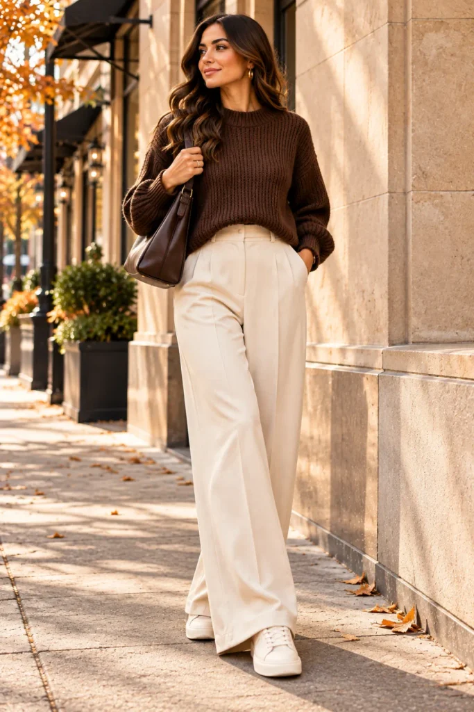 A chocolate-brown ribbed knit sweater paired with ecru wide-leg trousers, cream sneakers, and a brown shoulder bag for a chic fall look.