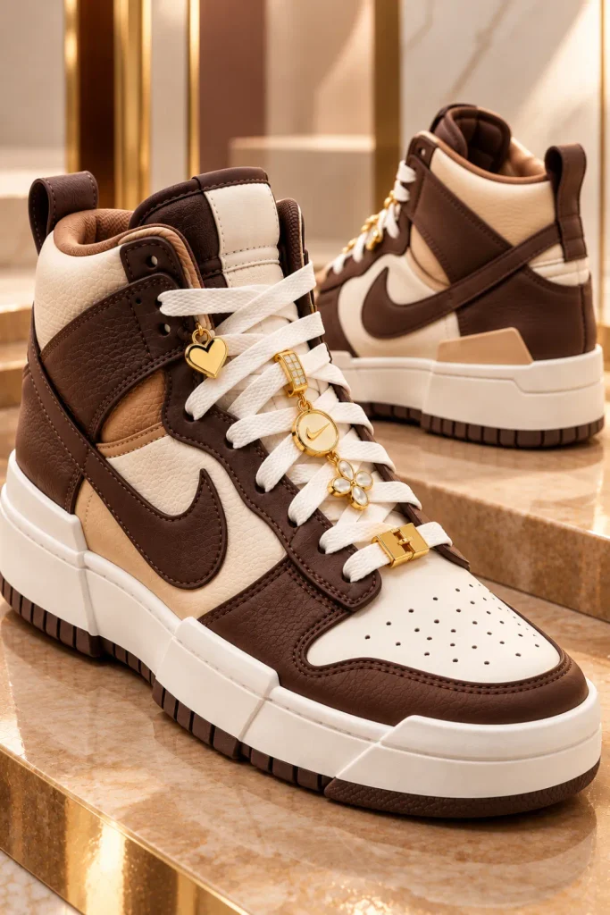 Chocolate brown and tan Nike Dunk High Disrupt sneakers with gold lace charms, warm caramel overlays, cream panels, chunky soles, and an elevated earthy color palette.