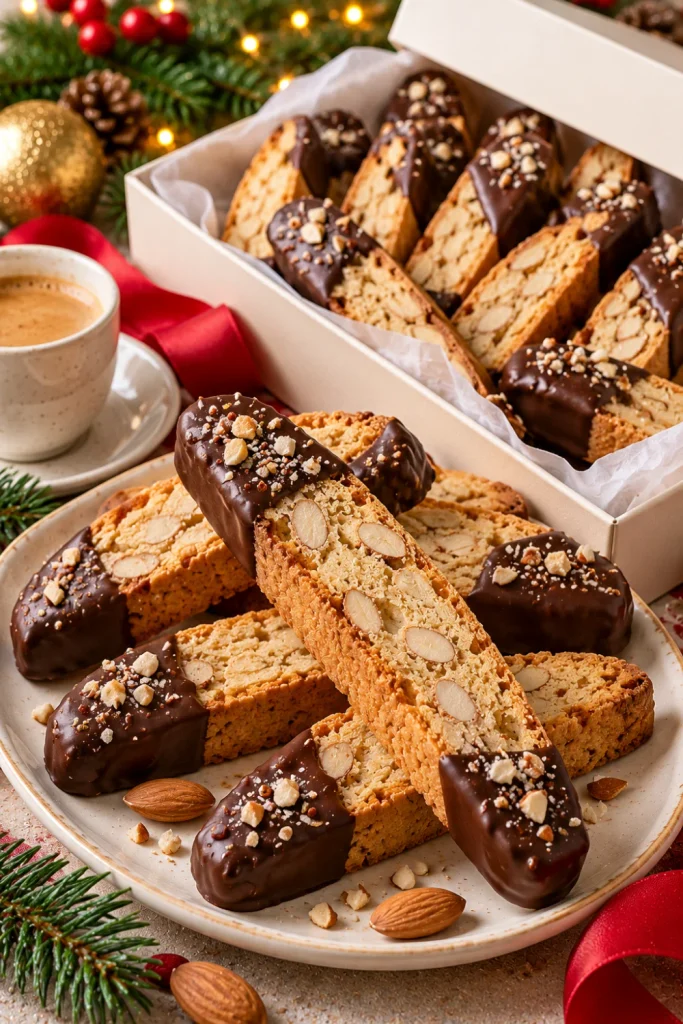 Chocolate-dipped almond biscotti with visible sliced almonds and crisp golden interiors, arranged in an elegant Christmas cookie gift box beside a cup of coffee.