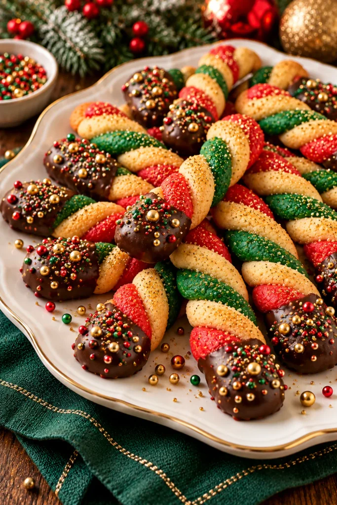 Red and green Christmas cookie twists dipped in smooth chocolate and decorated with gold sprinkles, arranged on an ivory serving plate for a festive holiday party.
