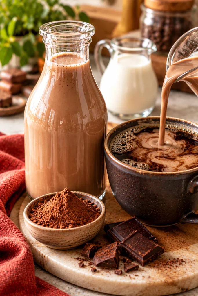 Chocolate homemade coffee creamer blended into dark coffee with cocoa and chocolate pieces, creating a rich easy coffee creamer recipe for dessert-style drinks.