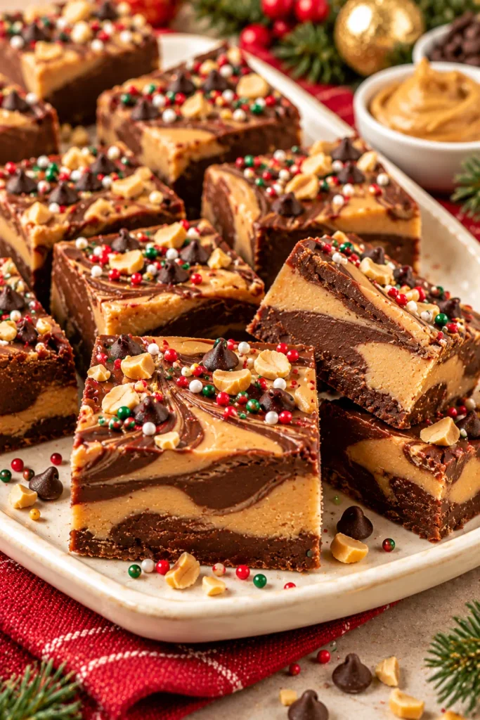 Chocolate peanut butter Christmas fudge with contrasting dark chocolate and creamy peanut butter swirls, cut into rich festive squares for holiday dessert trays and homemade treats.