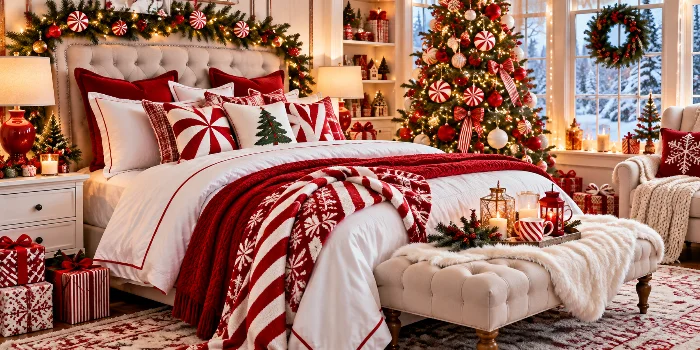 Christmas bedroom ideas with peppermint charm featuring red and white candy cane bedding, peppermint throw pillows, a festive Christmas tree, glowing fairy lights, evergreen garlands, and cozy holiday decor.