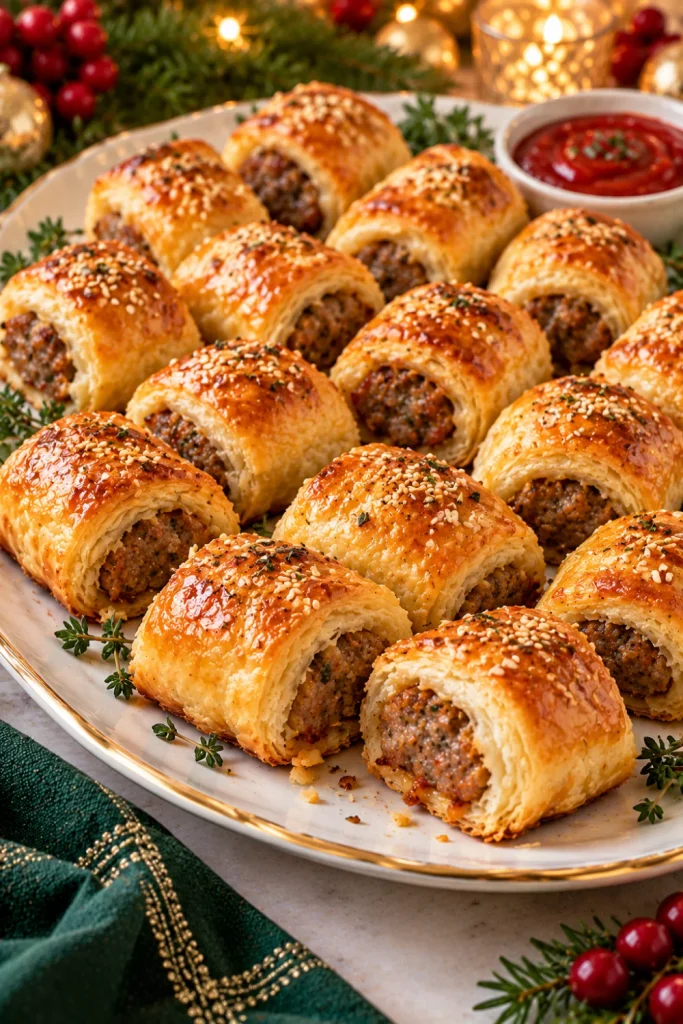 Easy Christmas Eve finger foods to bring to dinner, featuring golden mini sausage rolls wrapped in flaky puff pastry, arranged on a festive platter for a Christmas holiday potluck.
