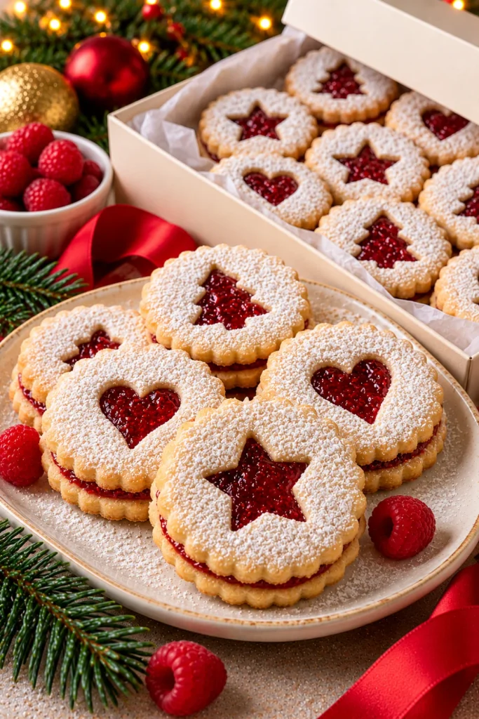 Christmas Linzer cookies with powdered sugar, delicate star-shaped cutouts, and raspberry jam centers arranged in layers on an ivory platter beside a holiday cookie gift box.