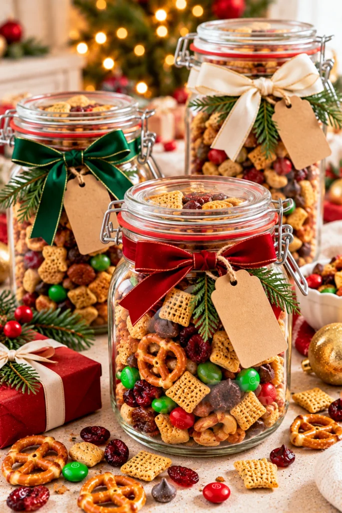 Christmas snack mix gift jars filled with pretzels, crispy cereal, red and green candy-coated chocolates, dried cranberries, and chocolate chips, decorated with festive ribbons for homemade holiday gifts.