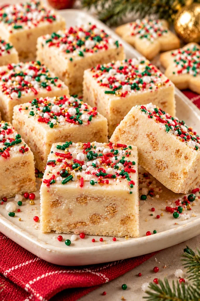 Christmas sugar cookie fudge made with white chocolate, crushed sugar cookies, and colorful red, green, and white sprinkles, cut into creamy festive squares for holiday treats.