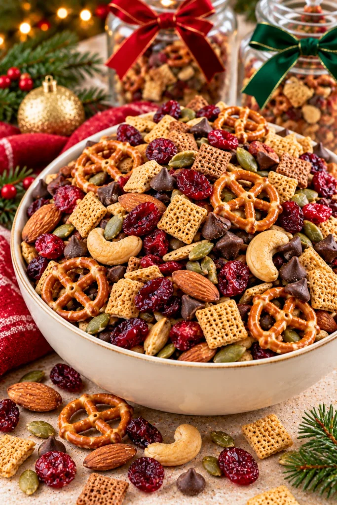Christmas trail mix recipe with dried cranberries, roasted almonds, cashews, crunchy pretzels, dark chocolate chips, crispy cereal, and pumpkin seeds in a festive bowl for easy homemade holiday gifts.