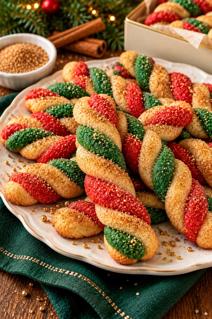 Cinnamon-sugar Christmas twist cookies made with red and green dough, finished with golden sanding sugar, and displayed on a cream plate beside cinnamon sticks and festive evergreen decorations.