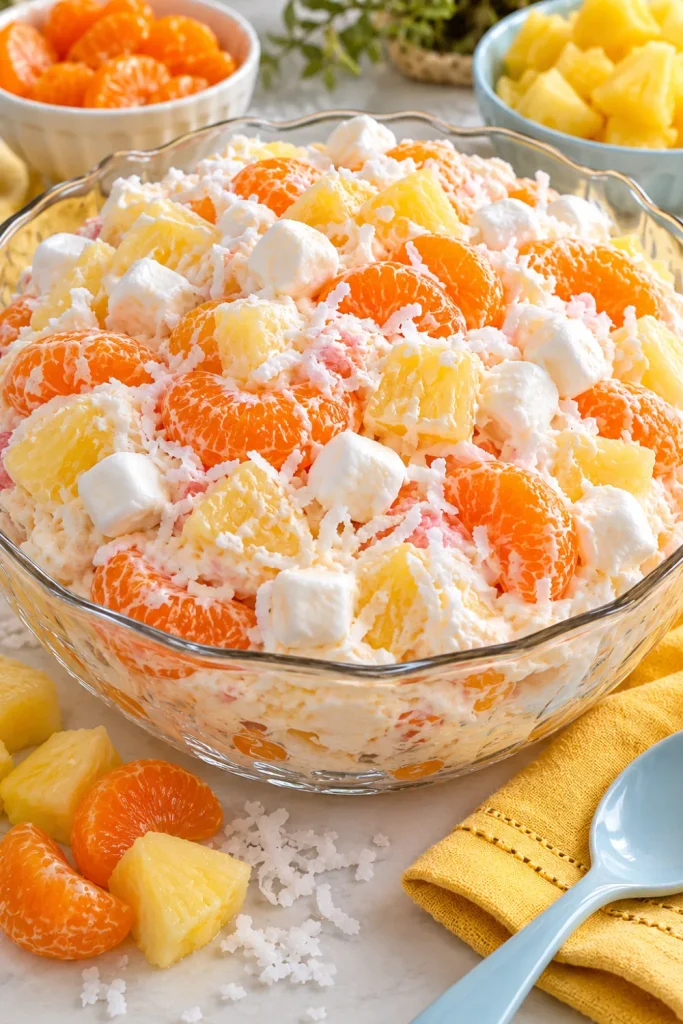 Classic five-cup fruit salad made with mandarin oranges, pineapple, shredded coconut, miniature marshmallows, and creamy sour cream dressing in a clear glass bowl for an easy vintage potluck dessert.