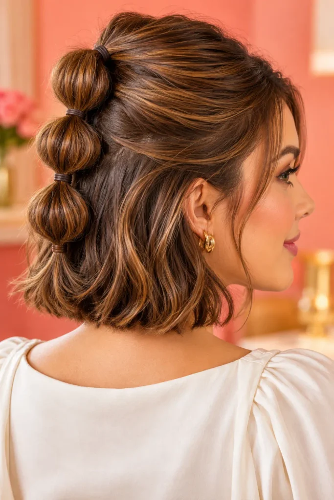 Classic half-up bubble braids on a short bob hairstyle with rounded bubbles, a softly textured finish, and modern chic styling.