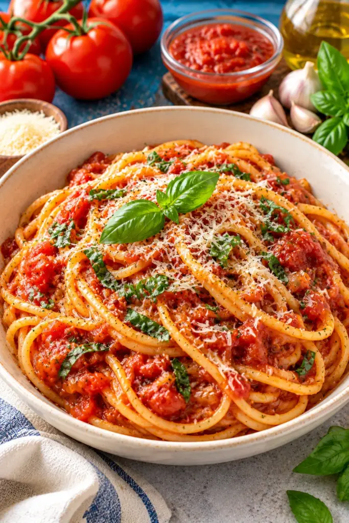Classic homemade marinara pasta with spaghetti in rich tomato sauce, garlic, oregano, Parmesan cheese, and fresh basil, an easy tomato pasta sauce recipe for weeknight dinners.