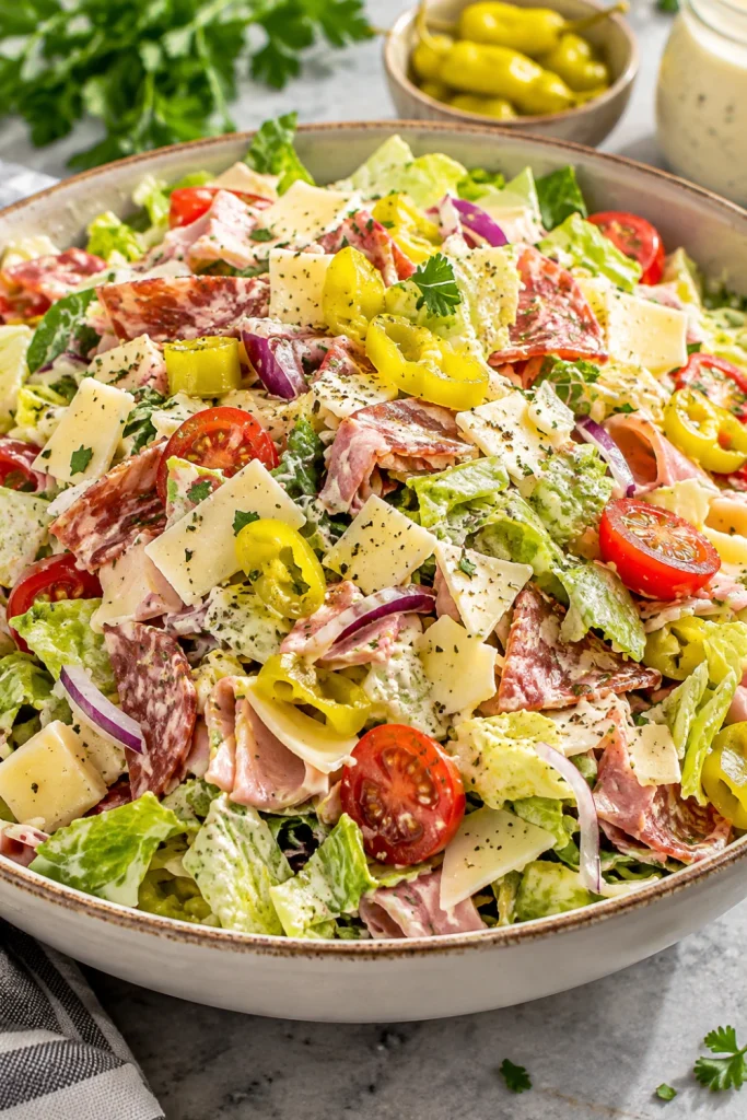 Classic Italian Grinder Chopped Salad With Creamy Dressing in a bowl with crisp lettuce, salami, ham, provolone, cherry tomatoes, red onion, pepperoncini, and creamy Italian dressing.