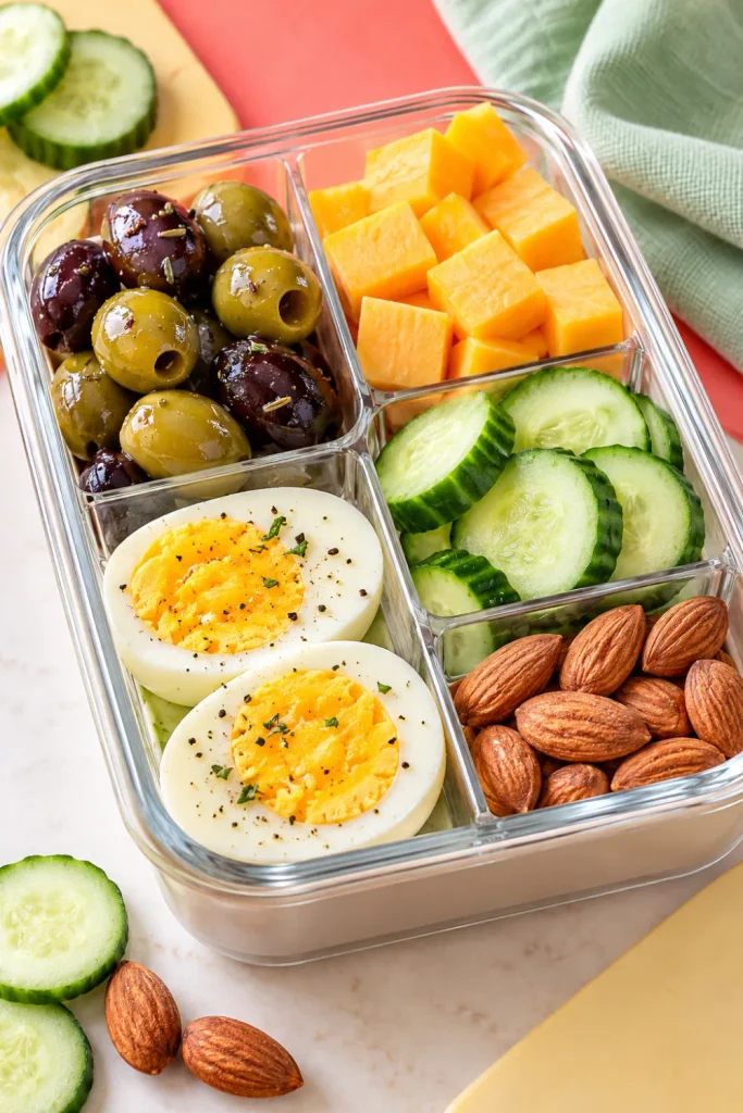 Classic keto snack box with hard-boiled eggs, cheddar cheese cubes, olives, cucumber slices, and almonds for easy low-carb meal prep.