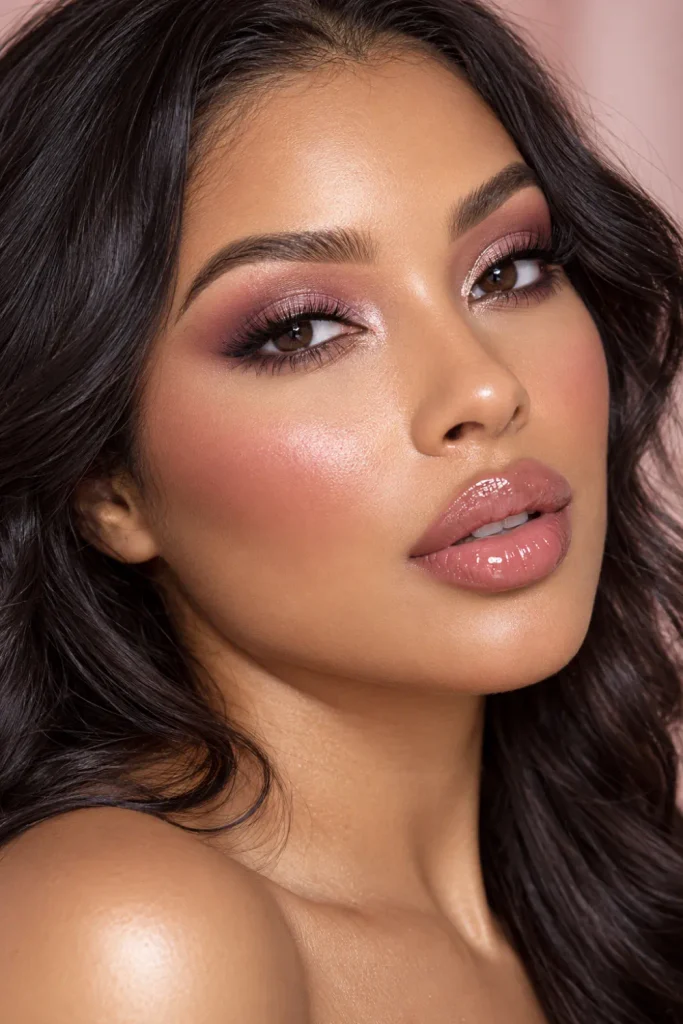 Classic mauve soft glam makeup with seamlessly blended mauve eyeshadow, softly defined lashes, radiant satin skin, and glossy rose-pink lips in a close-up beauty portrait.