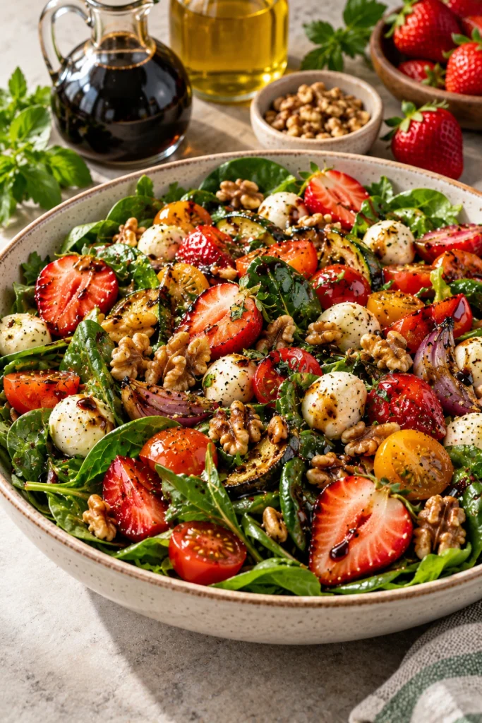 Spinach salad with strawberries, cherry tomatoes, mozzarella, roasted vegetables, walnuts, and glossy balsamic vinaigrette in a modern ceramic bowl.