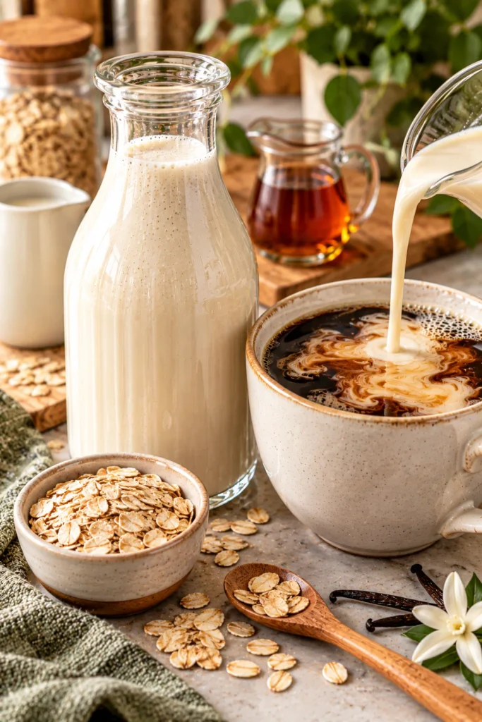 Coconut milk homemade coffee creamer poured into dark coffee with fresh coconut, coconut milk, and maple syrup in a modern tropical-inspired coffee setup.